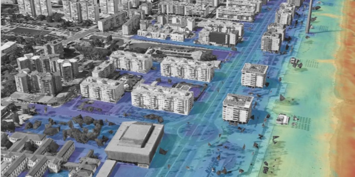 Simulación de una zona potencialmente inundable de Málaga como consecuencia de un tsunami en el Mediterráneo.